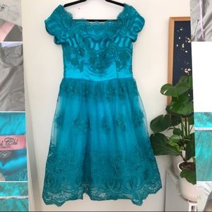 Teal satin and lace chi chi London dress